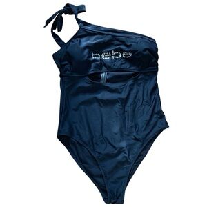 Bebe Rhinestone Logo One Shoulder Cutout One Piece Swimsuit